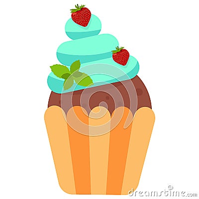 Vector illustration . Cake . Strawberries with mint . With chocolate dough . Cartoon Illustration